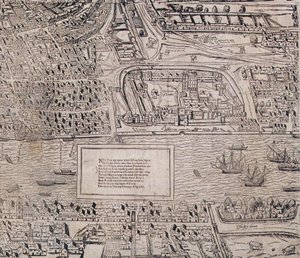 Yksityiskohta Lontoon Towerista, "Civitas Londinumista", Lontoon kartasta, 1560